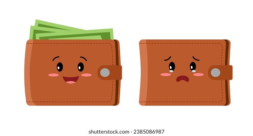 Happy full wallet and unhappy empty wallet cartoon character in flat design on white background.