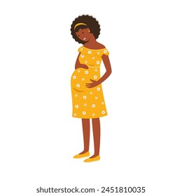 A happy full-length African-American pregnant woman holds her hands on her stomach. Expecting a baby. Vector stock illustration.