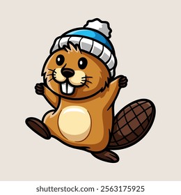 happy fun beaver with winter hat cartoon isolated colored drawing line art style sketch classic vintage design illustration