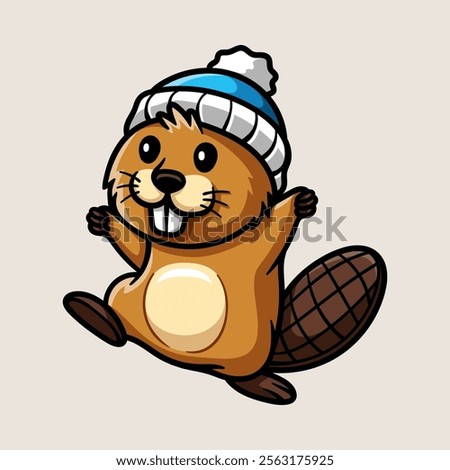 happy fun beaver with winter hat cartoon isolated colored drawing line art style sketch classic vintage design illustration