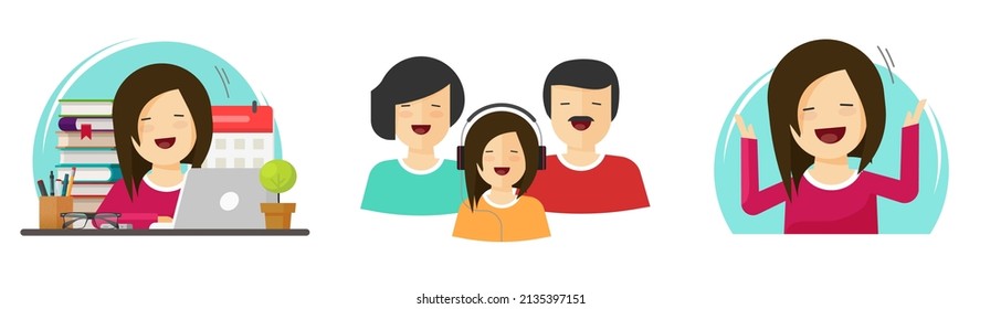 Happy fun family vector or group of people flat isolated, young child pupil study and smiling, girl person wow excited or success scholarship portrait, positive cute kid surprised illustration 