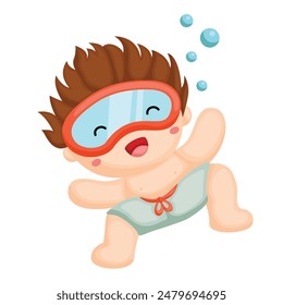 Happy and Fun Kids Beach Time Holiday Swimming Sport Cartoon Illustration Vector Clipart Sticker