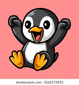 happy fun penguin cartoon character in slide isolated colored drawing line art style sketch classic vintage design illustration