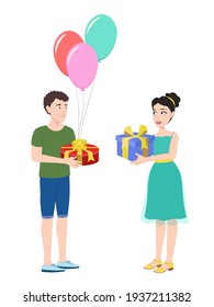 Happy fun people. Give gifts to your loved ones at special moments. Men ages give gift to women and kids