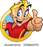 Happy fun smiling excited blonde boy in circle banner holding thumb up with high energy