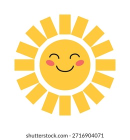 Happy fun Sun Hell lächelnde gelbe Sonne mit rosa Wangen. Fröhliches Design für Kinder, Sommer- oder Strandparty, Wetter, Babydusche, Kinderzimmer. Flache Vektorgrafik einzeln