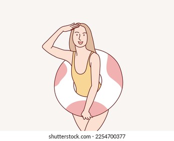 Happy fun wear swimsuit hold polkadot  inflatable ring simple korean style illustration