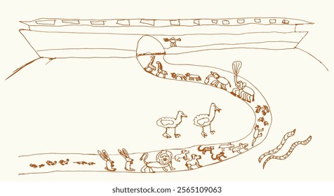 Happy fun wild bear pig farm sheep dog cat rabbit pet pair go arc vessel land white sky text space. Pencil line hand drawn picture concept funny baby art style holy pray water save hope door sign icon