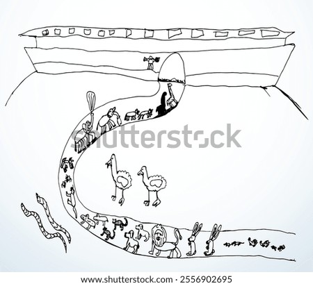 Happy fun wild bear pig farm sheep dog cat rabbit pet pair go arc vessel land white sky text space. Pencil line hand drawn picture concept funny baby art style holy pray water save hope door sign icon
