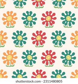 Happy Funky Flower Faces Cute Groovy 70s Retro 90s Y2K Repeat Pattern Background 
