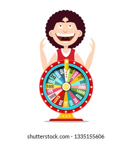 Happy Funky Man with Winning Wheel of Fortune - Lotery Vector Design