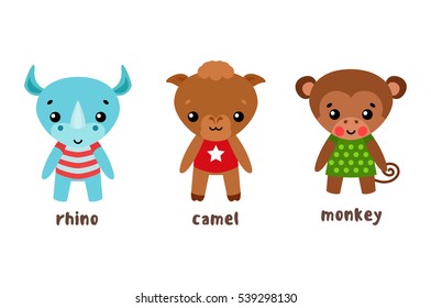 Happy or funny animal cartoon characters. Rhino or rhinoceratops in cloth, baby dromedary or bactrian child camel or camelus, goof, monkey or ape, primate and mammal lemur, smiling galagos.