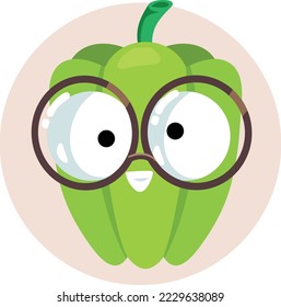 
Happy Funny Bell Pepper Vector Cartoon Mascot. Green capsicum character smiling wearing eyeglasses 
