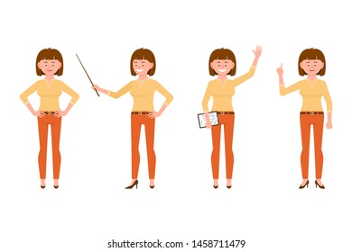 Happy, funny, brown hair young office worker lady in casual office look vector illustration. Waving hello, pointing finger, holding wand, standing girl cartoon character set