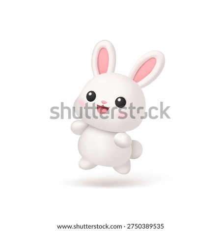 Happy, funny bunny jumping, 3D. Full body. Icon on white background. Wild cartoon bunny. Pet, farm animal. Vector illustration.