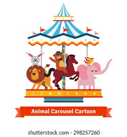 Happy funny cartoon animals riding on a carnival carousel. Rabbit on a lion, bear on a horse and bird on an elephant.  Flat vector illustration isolated on white background.