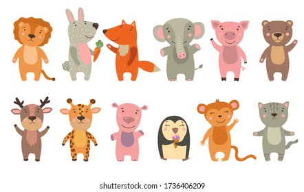 Happy funny cartoon animals set. Cute lion, elephant, baby penguin, monkey, hippo, fox, pig, bear waving hello. Vector illustration for animals, zoo, jungle, mammals concept.