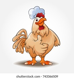 A happy funny Cartoon Chef Rooster chicken giving a thumbs up. Cartoon colorful roosters mascots. Vector logo illustration.