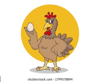 A happy funny Cartoon chicken hold the eggs, on orange background, vector logo illustration