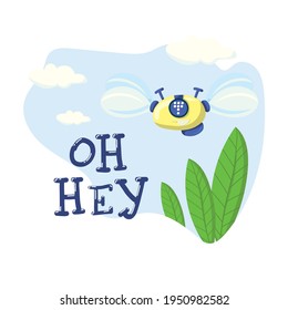 Happy funny cartoon childish robot wave hand. Cute kid cyborgs, retro, futuristic modern bots, smiling characters in flat vector illustration isolated on white background.