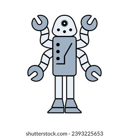 Felices dibujos animados de niños íconos de la línea de robots. Ciborg de tecnología de máquina. Mascota de personajes humanoides futuristas. Robótica científica, carácter amigable con Android, ilustración de vector de tecnología robótica