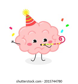 Happy funny cartoon human brain character congratulating. Vector flat illustration isolated on white background