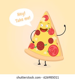Happy funny cartoon pizza slice. Saying hey to you. Vector illustration