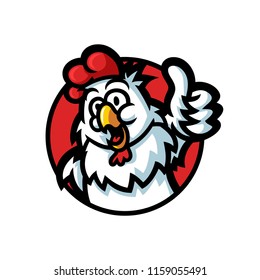 a happy funny cartoon rooster chicken giving a thumbs up vector logo illustration