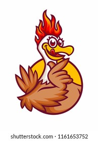 A happy funny Cartoon Rooster chicken fire giving a thumbs up, suitable for restaurant business, vector logo illustration