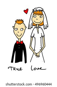 Happy funny cartoon wedding of low groom and tall bride showing that external differences and social stereotypes is not an obstacle for true love between two designated to each other people