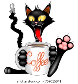 Happy and Funny Cat Cartoon Character with Big Mug full of Coffee! Original Vector Graphic Art