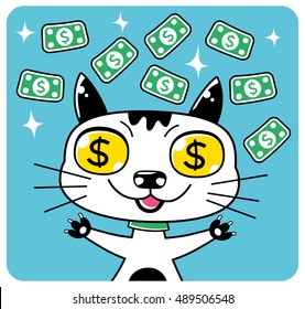 Happy funny cat character with falling dollar banknotes.