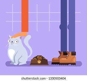 Happy funny cat character sitting near bowl full of food. Owner feeding his pet. Pets animal training isolated illustration graphic design flat concept