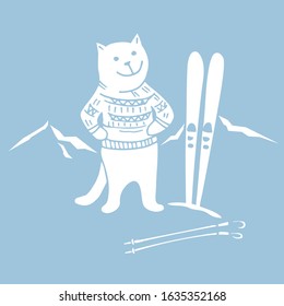 Happy funny cat on top of the mountain with alpine skiing and sticks. Cat ski mountain. Cartoon vector graphic illustration. White animal character isolated on blue background with snow.