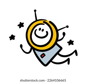 Feliz personaje gracioso está volando en el espacio exterior a las estrellas. Ilustración vectorial del astronauta del hombre con figura de palo.