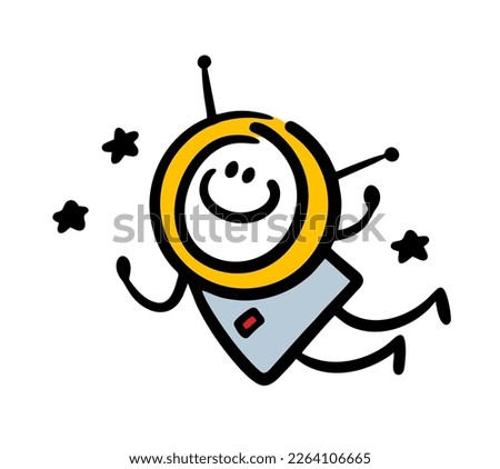 Happy funny character is flying in outer space to the stars. Vector illustration of stick figure man astronaut.