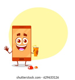 Happy funny character of phone with cup of cola. Isolated on white background. Vector illustration with place for text. 