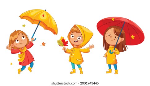 Happy funny child in raincoat and rubber boots, set of three poses