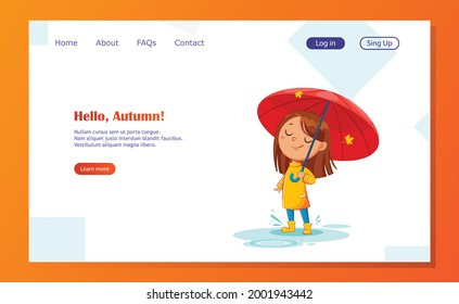 Happy funny child in rubber boots standing under umbrella, rainy autumn