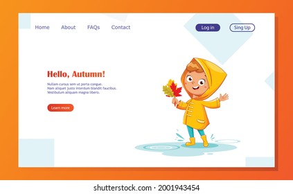 Happy funny child in yellow raincoat and rubber boots holding leaves, rainy autumn