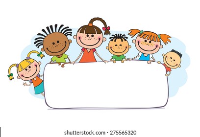 Happy and funny children  large banner, child, kindergarten, poster, international, vector, stick, preschooler, flowers, tablet, letter, boards, people, kids, isolated