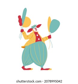 Happy funny clown with balloons, flat vector illustration isolated on white background. Circus clown artist male cartoon character in stage circus costume.