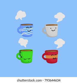 Happy funny coffee mug vector illustration set