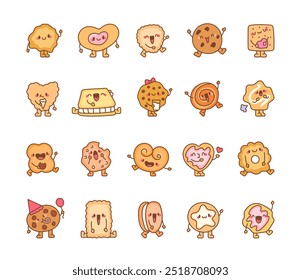 Happy and funny cookies. Cartoon baking characters. Hand drawn style. Vector drawing. Collection of design elements.