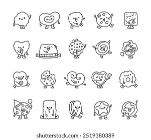 Happy and funny cookies. Coloring Page. Cartoon baking characters. Hand drawn style. Vector drawing. Collection of design elements.