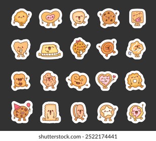 Happy and funny cookies. Sticker Bookmark. Cartoon baking characters. Hand drawn style. Vector drawing. Collection of design elements.