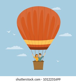 happy funny couple flying in a hot air balloon romantic trip