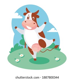 Happy Funny Cow Jumping On The Grass And Smiling. Vector Illustration Isolated On White, Cartoon Character, Postcard, Poster, Packaging Design.