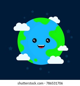 Happy funny cute smiling earth character. Vector flat cartoon illustration icon design. Isolated on blue background. Earth planet day concept