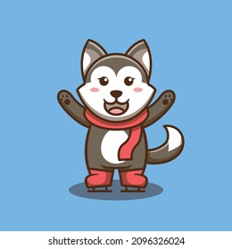 Happy Funny Dog Mascot Wearing Red Scarf And Ice Skating. Isolated Cute Animal Illustration Vector. Suitable For Stickers, Web Landing Pages And More.